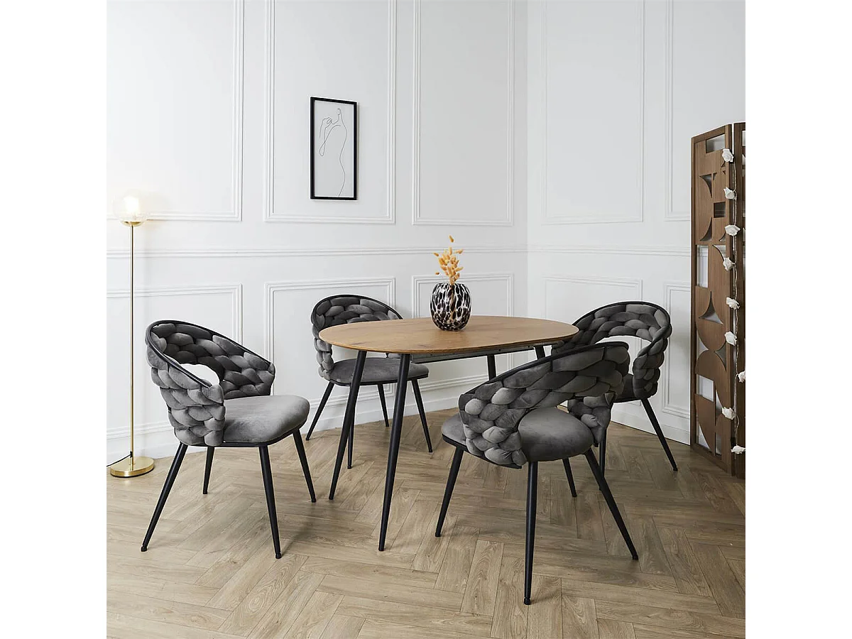 OSCAR - Lot de 6 Chaises en Velours Gris Pieds Métal Noir