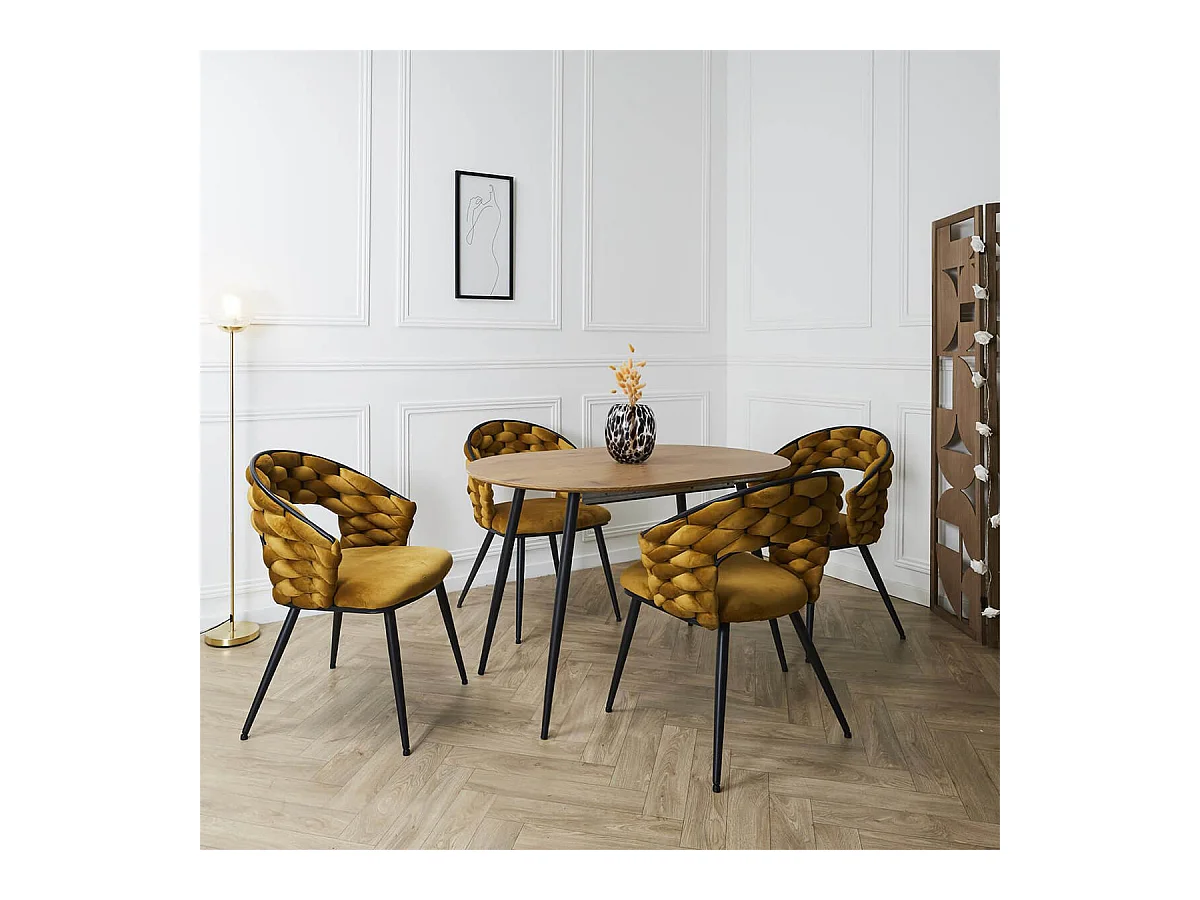 OSCAR - Lot de 4 Chaises en Velours Jaune Moutarde Pieds Métal Noir