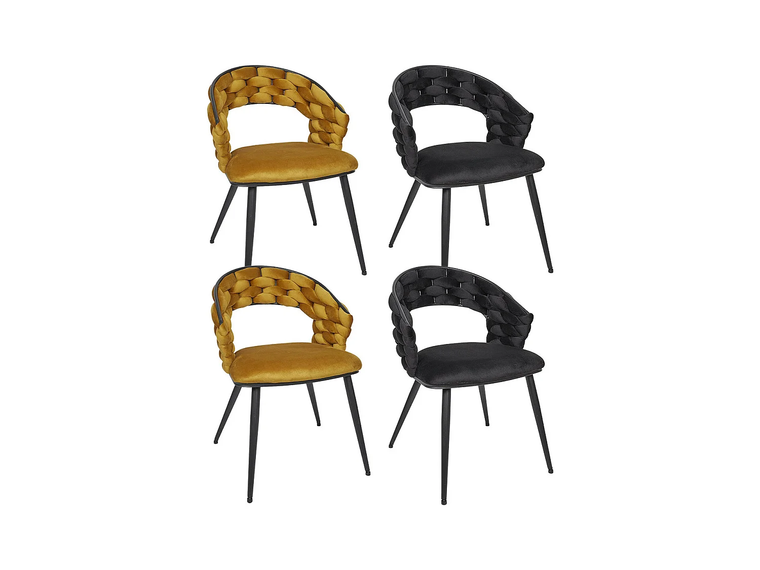 OSCAR - Lot de 4 Chaises en Velours 2 Jaunes et 2 Noires Pieds Métal Noir