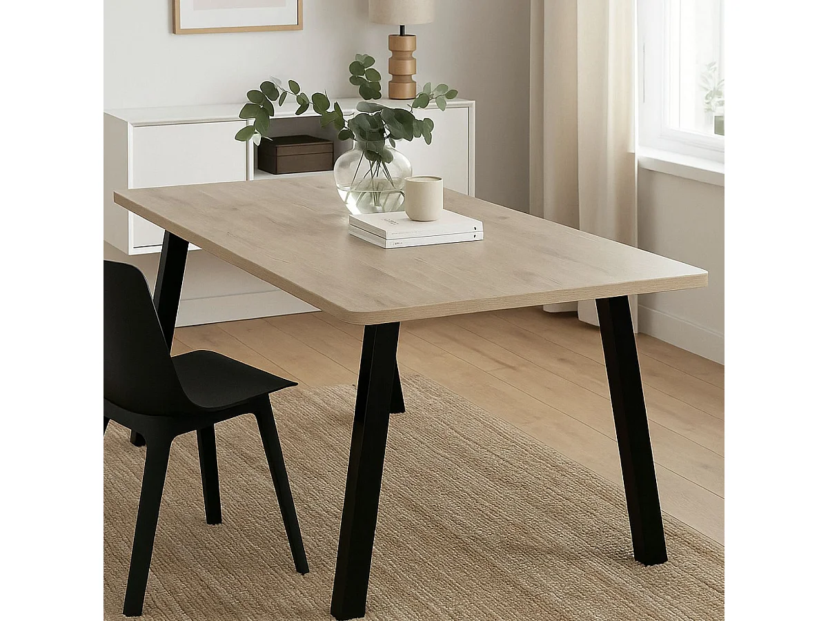 CANYON - Table Repas Coins Arrondis 200cm Aspect Bois Piètement A Métal Noir