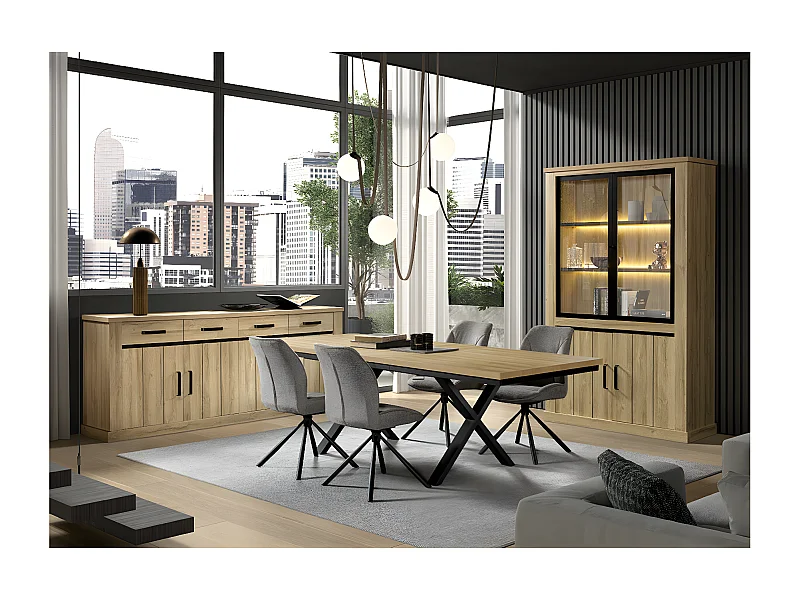 LORENZO - Séjour Complet Table Allongeable Aspect Bois Chêne Clair Piètement Métal X