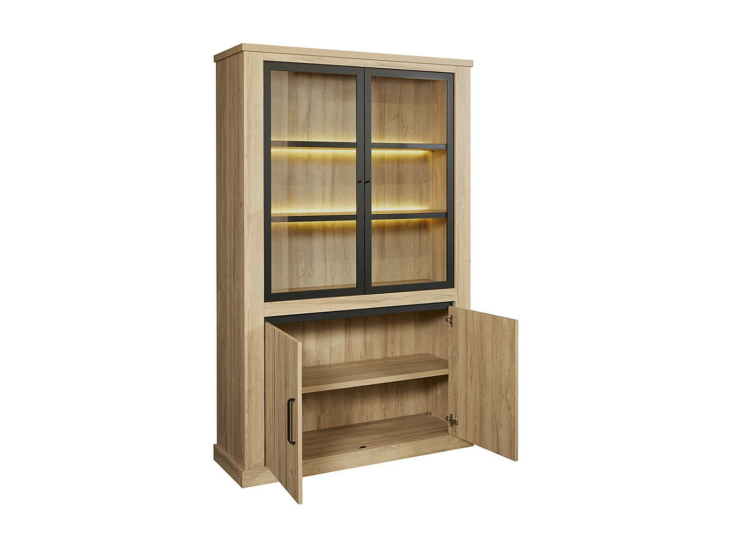 LORENZO - Séjour Complet Table Allongeable Aspect Bois Chêne Clair Piètement Métal X