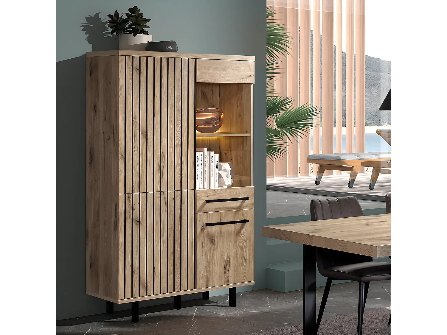 ROMY - Argentier 4 Portes 1 Tiroir Aspect Bois Finition Canyon Oak Effet Tasseaux