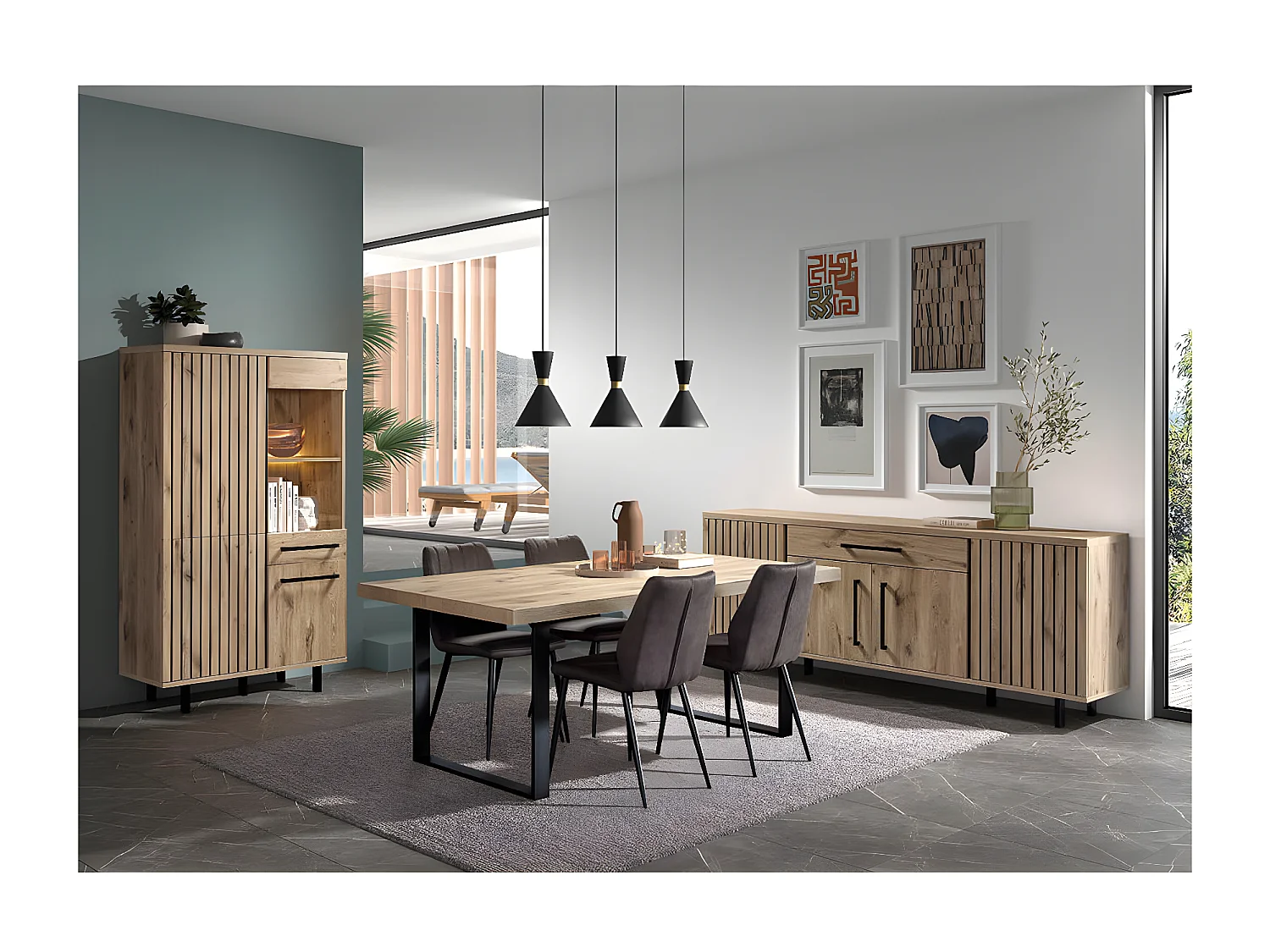 ROMY - Argentier 4 Portes 1 Tiroir Aspect Bois Finition Canyon Oak Effet Tasseaux