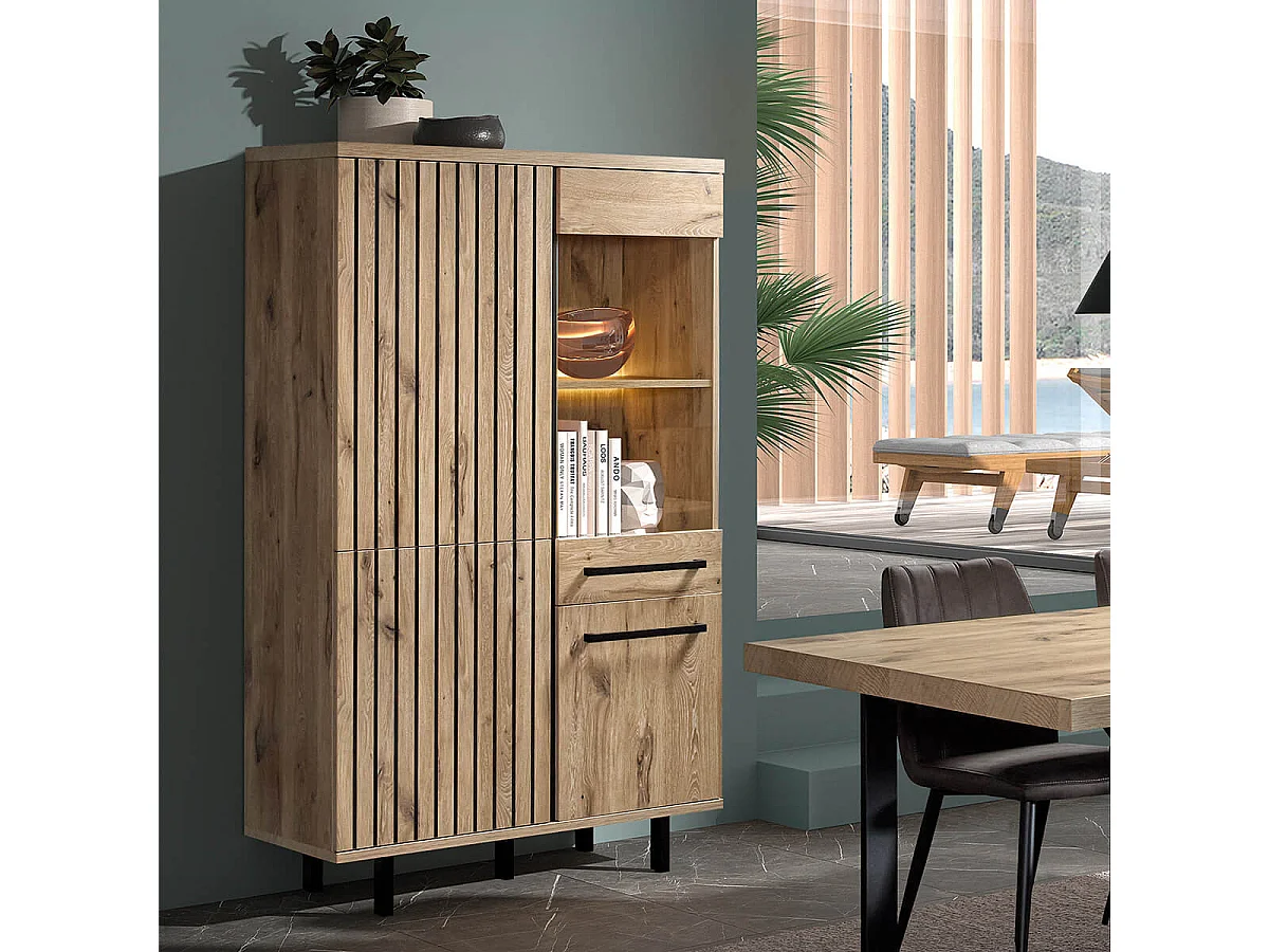 ROMY - Argentier 4 Portes 1 Tiroir Aspect Bois Finition Canyon Oak Effet Tasseaux