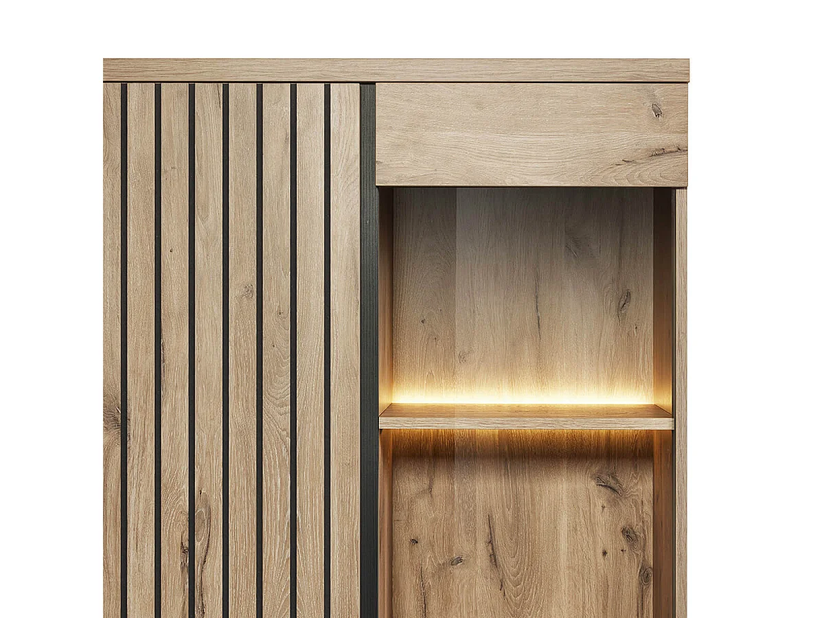 ROMY - Argentier 4 Portes 1 Tiroir Aspect Bois Finition Canyon Oak Effet Tasseaux