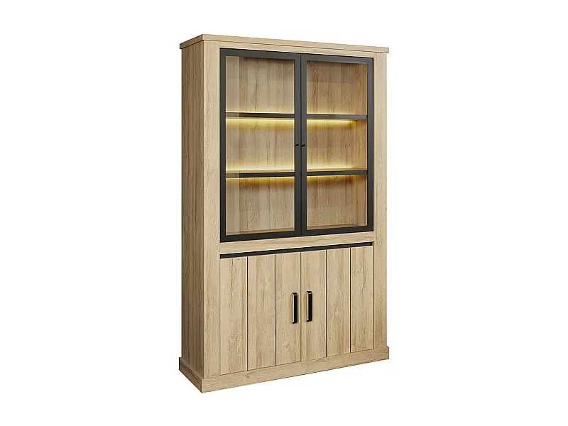 LORENZO - Argentier 4 Portes avec Leds Aspect Bois Chêne Clair Finition Frank