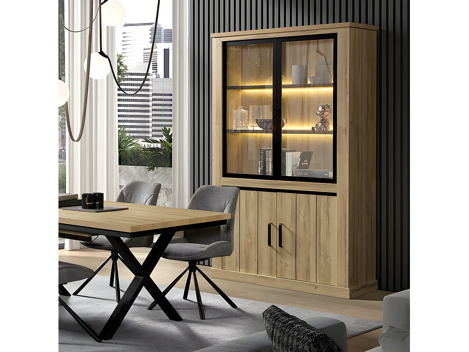 LORENZO - Argentier 4 Portes avec Leds Aspect Bois Chêne Clair Finition Frank