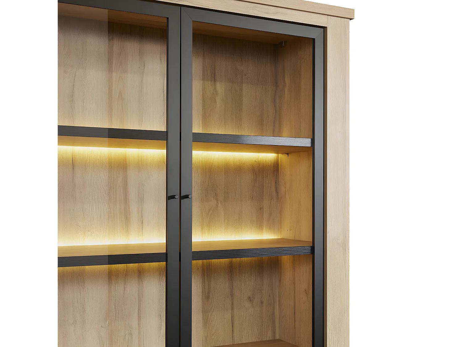 LORENZO - Argentier 4 Portes avec Leds Aspect Bois Chêne Clair Finition Frank