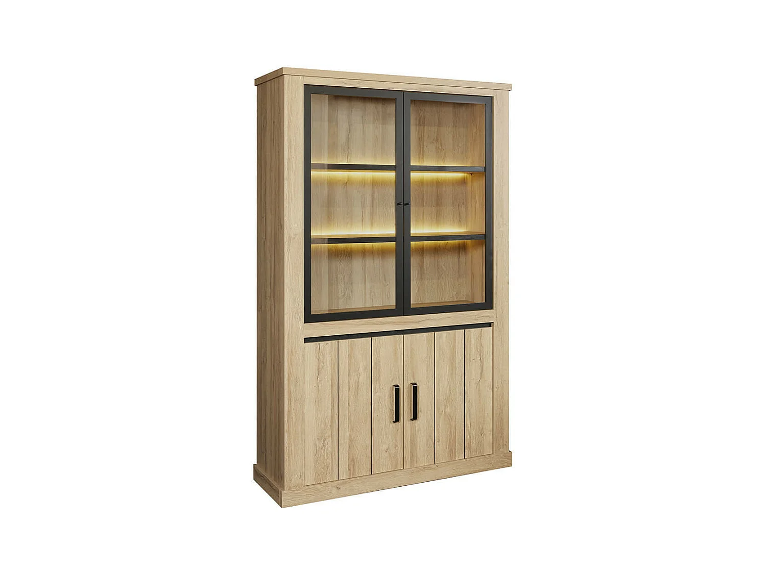 LORENZO - Argentier 4 Portes avec Leds Aspect Bois Chêne Clair Finition French Oak