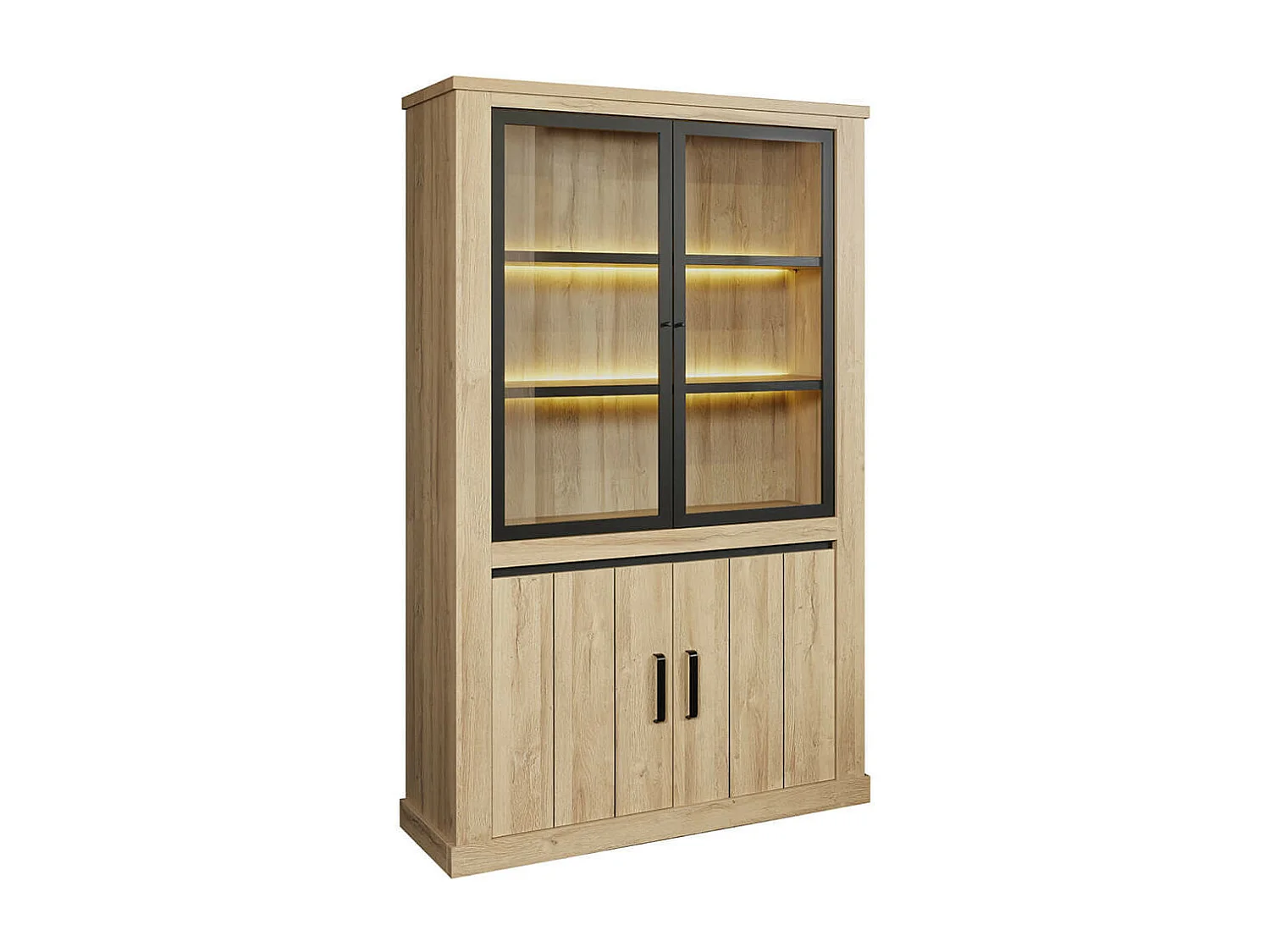 LORENZO - Argentier 4 Portes avec Leds Aspect Bois Chêne Clair Finition Frank