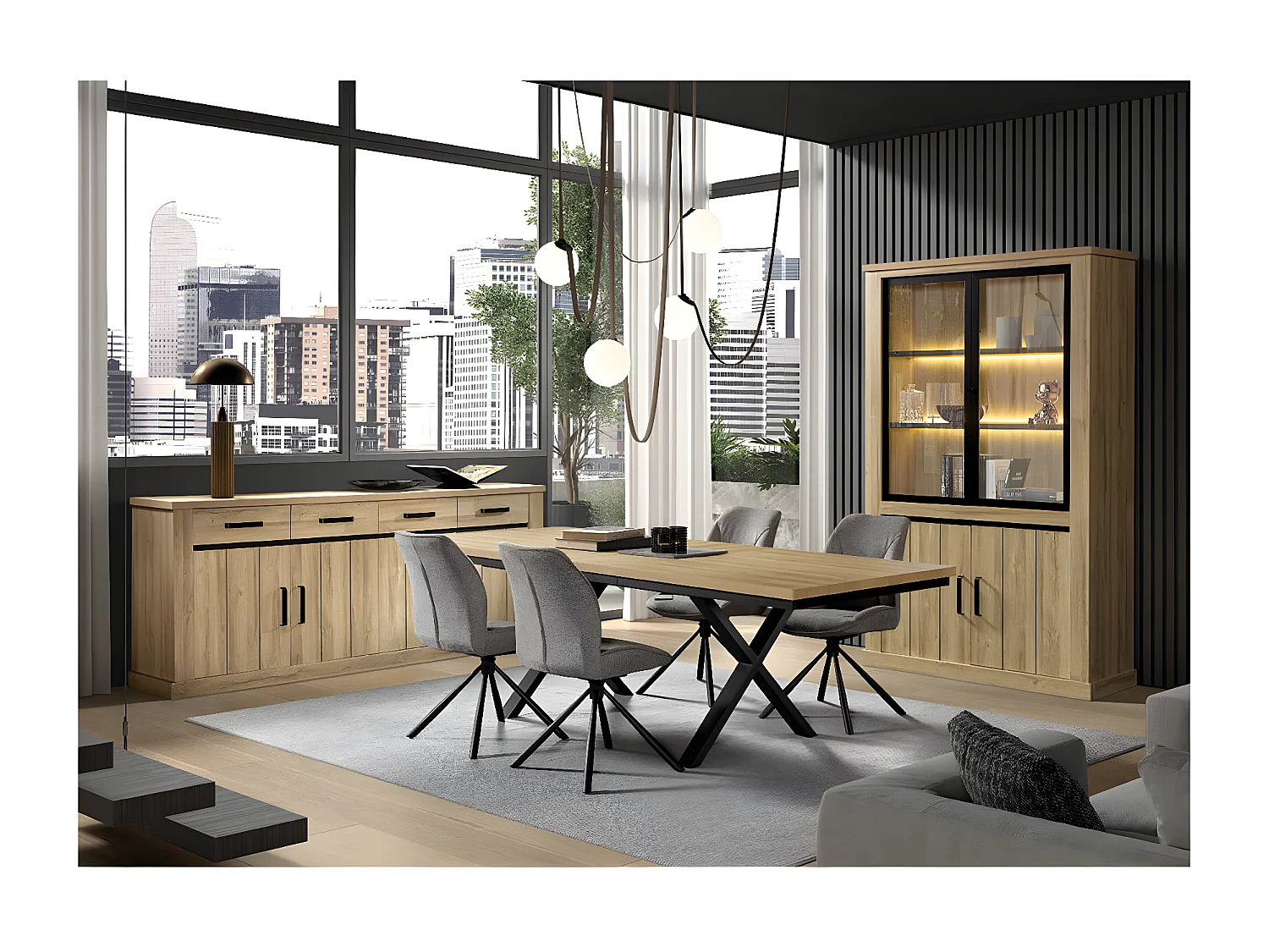 LORENZO - Argentier 4 Portes avec Leds Aspect Bois Chêne Clair Finition Frank