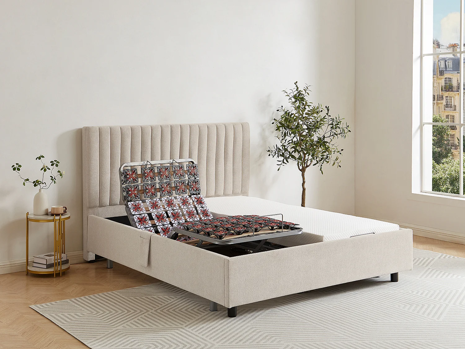 Lit électrique de relaxation déco tout plots + matelas mémoire de forme - 2 x 70 x 190 cm - Tissu - Beige - SASORA de YSMÉE