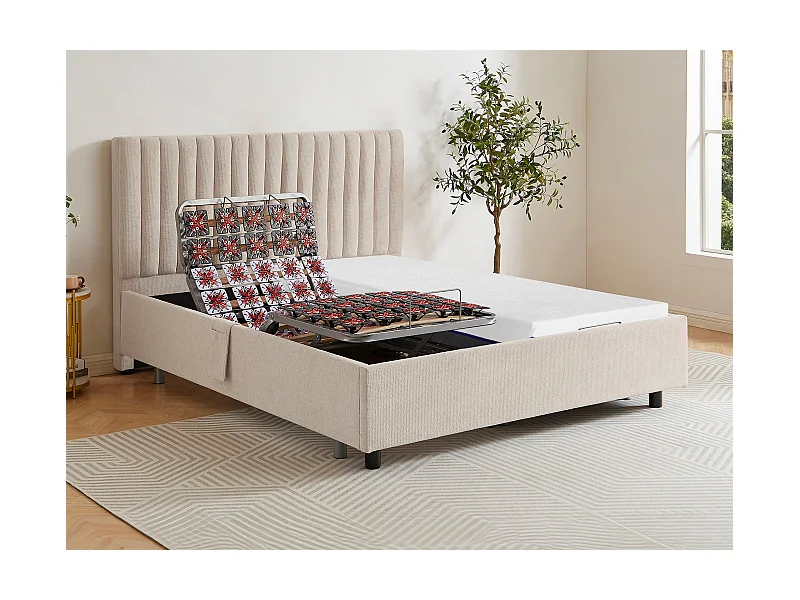 Dekoratives Bett mit elektrischer Relaxfunktion mit Tellern + Memory-Schaum-Matratze - 2 x 90 x 200 cm - Stoff - Beige - SASORA von YSMÉE