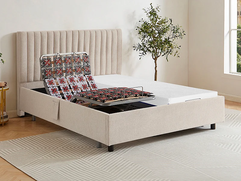 Dekoratives Bett mit elektrischer Relaxfunktion mit Tellern + Memory-Schaum-Matratze - 2 x 90 x 200 cm - Stoff - Beige - SASORA von YSMÉE