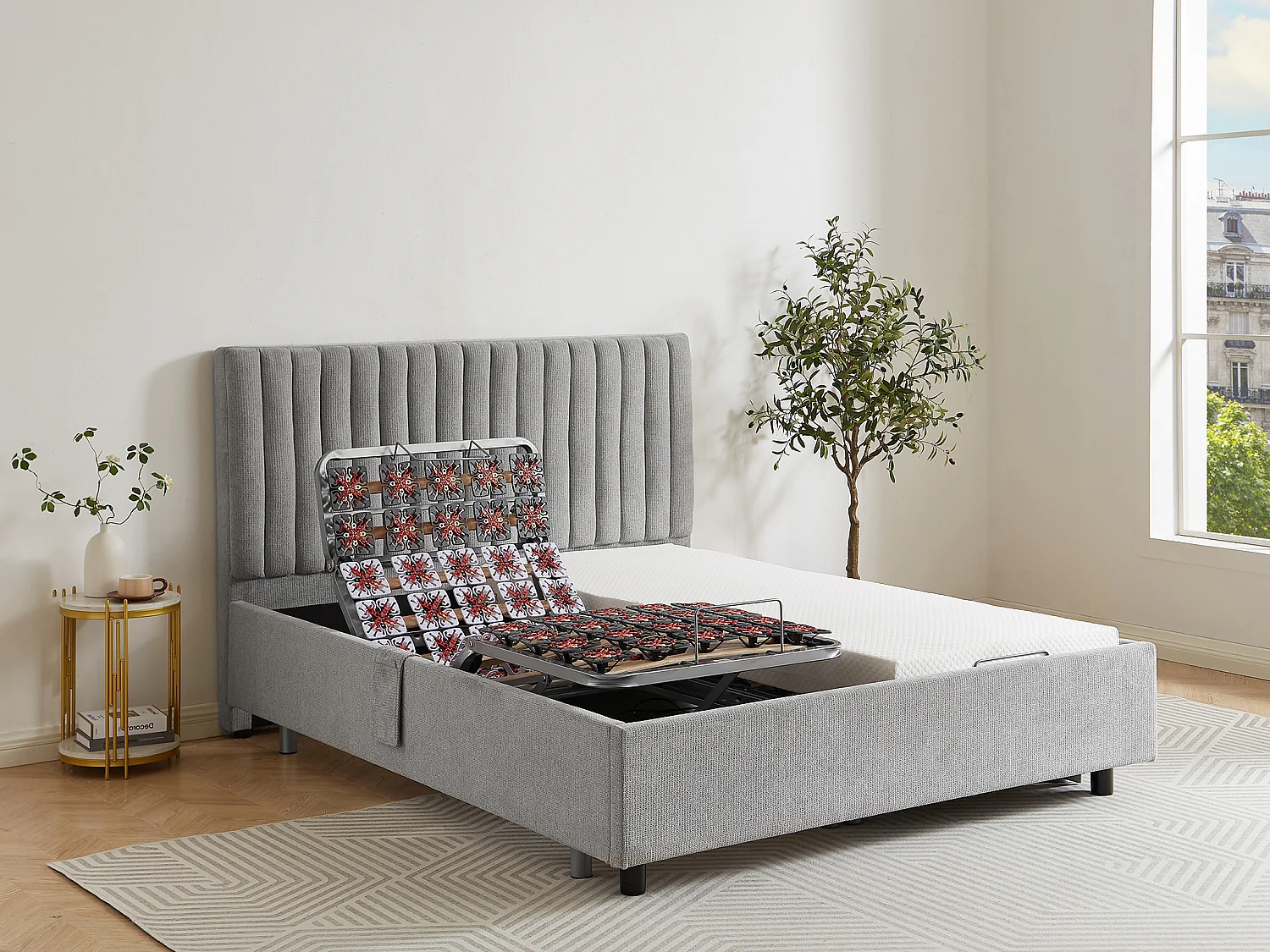 Lit électrique de relaxation déco tout plots + matelas mémoire de forme - 2 x 70 x 190 cm - Tissu - Gris - SASORA de YSMÉE