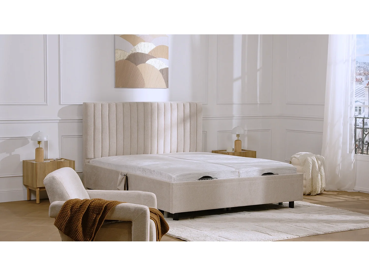 Dekoratives Bett mit elektrischer Relaxfunktion mit Tellern + Memory-Schaum-Matratze - 2 x 80 x 200 cm - Stoff - Grau - SASORA von YSMÉE