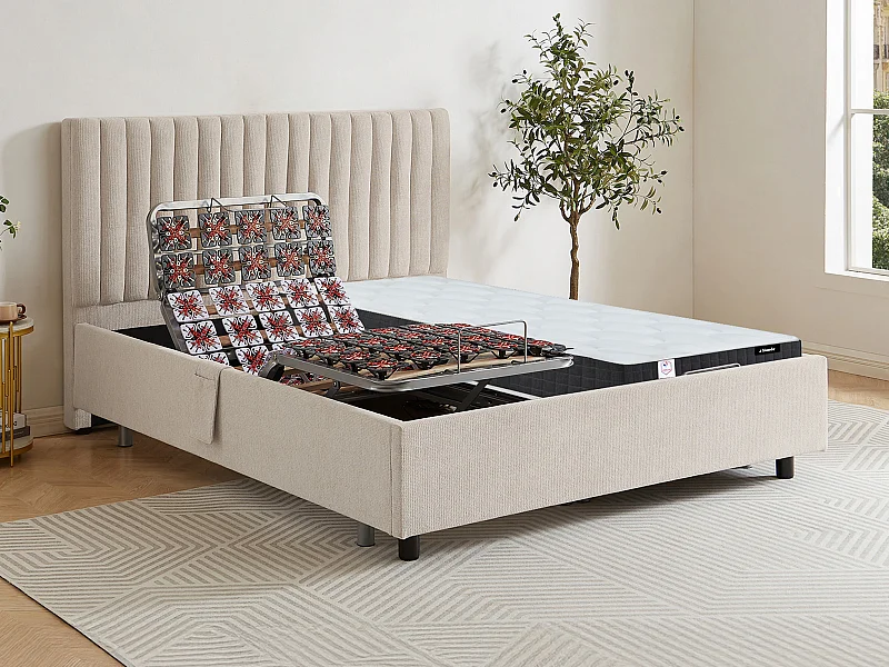 Lit électrique de relaxation déco tout plots + matelas ressorts ensachés et mémoire de forme - 2 x 70 x 190 cm - Tissu - Beige - ANTALISA de YSMÉE