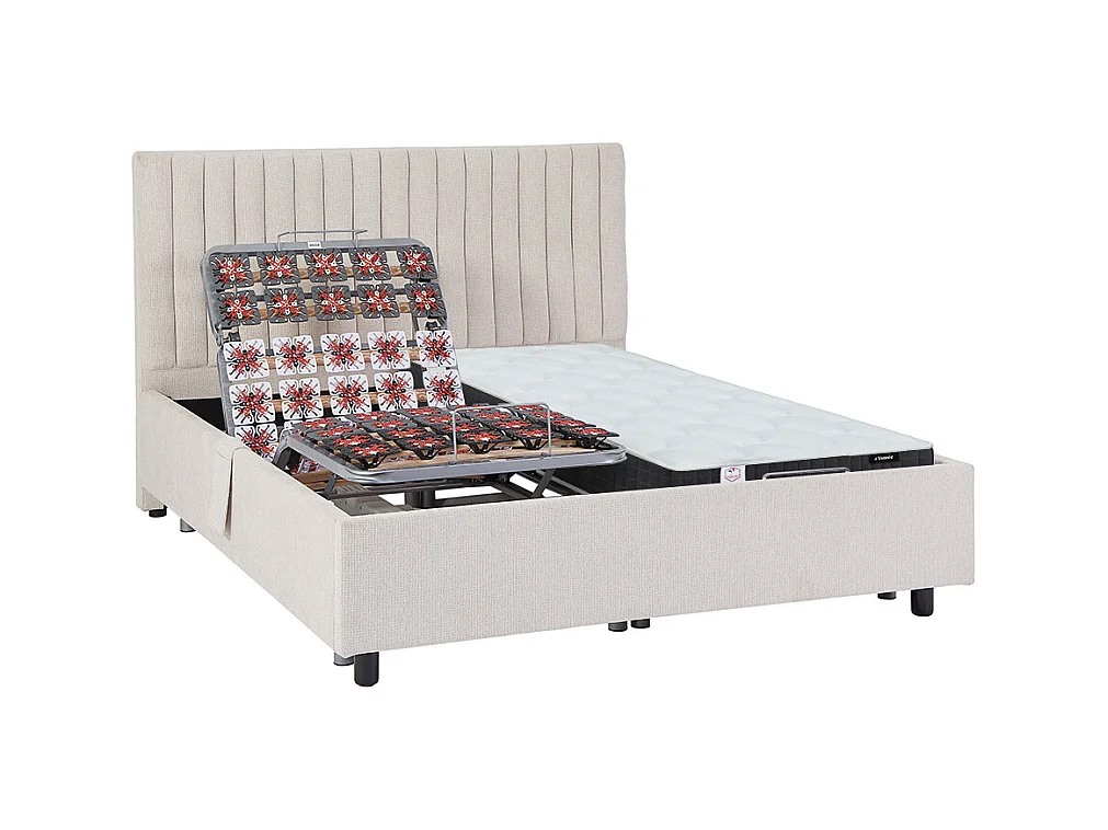 Dekoratives Bett mit elektrischer Relaxfunktion mit Tellern + Taschenfederkern- & Memory-Schaum-Matratze - 2 x 90 x 200 cm - Stoff - Beige - ANTALISA von YSMÉE