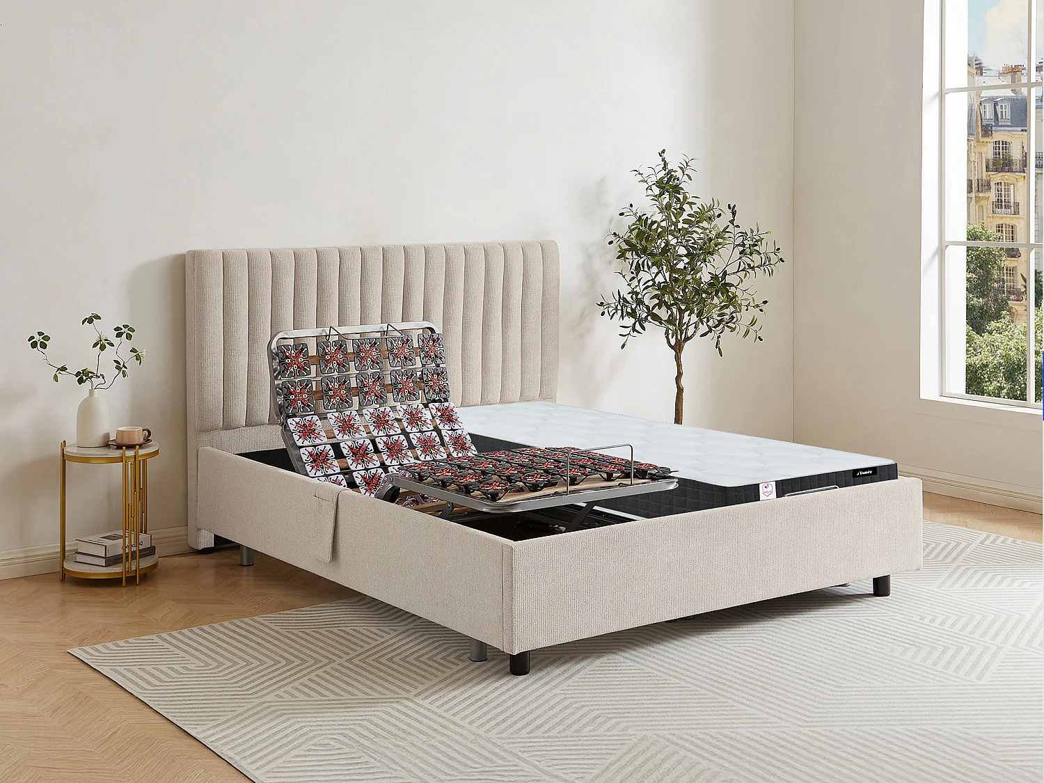 Lit électrique de relaxation déco tout plots + matelas ressorts ensachés et mémoire de forme - 2 x 90 x 200 cm - Tissu - Beige - ANTALISA de YSMÉE