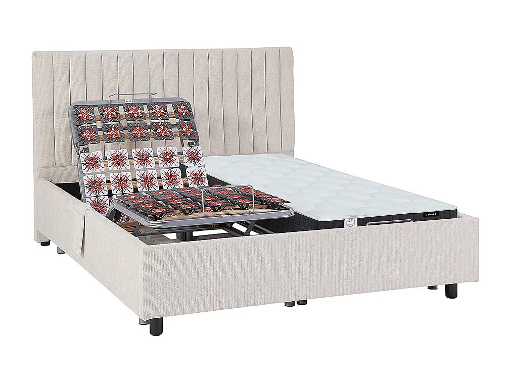 Dekoratives Bett mit elektrischer Relaxfunktion mit Tellern + Taschenfederkern- & Memory-Schaum-Matratze - 2 x 90 x 200 cm - Stoff - Beige - ANTALISA von YSMÉE