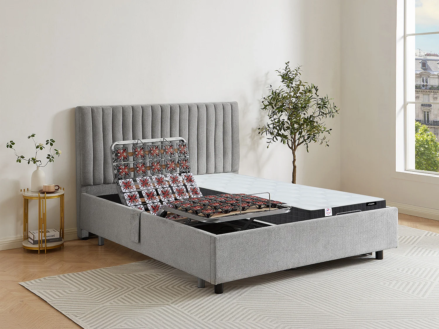 Lit électrique de relaxation déco tout plots + matelas ressorts ensachés et mémoire de forme - 2 x 90 x 200 cm - Tissu - Gris - ANTALISA de YSMÉE