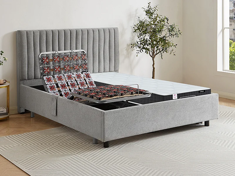 Lit électrique de relaxation déco tout plots + matelas ressorts ensachés et mémoire de forme - 2 x 90 x 200 cm - Tissu - Gris - ANTALISA de YSMÉE