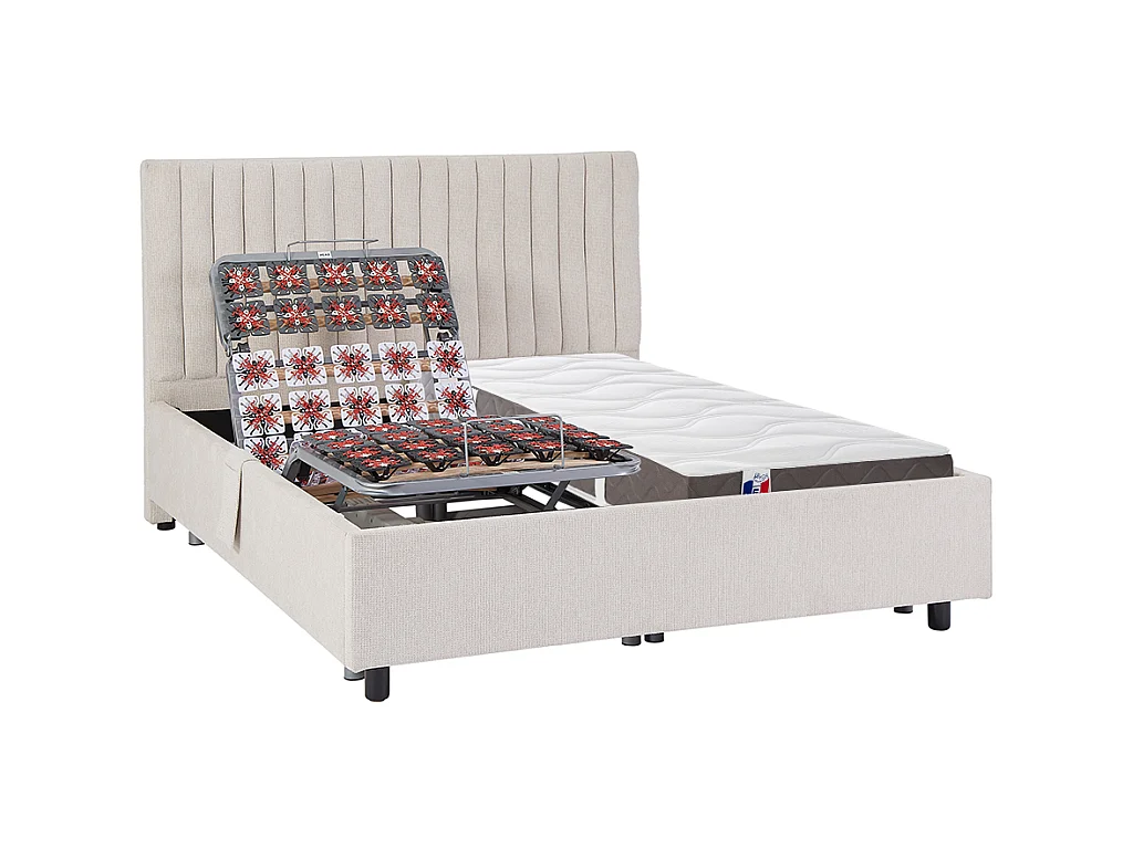 Elektrisch decoratief relaxbed met noppen + matras van 100% latex met 3 zones - 2 x 80 x 200 cm - Stof - Beige - TIARI van DREAMEA