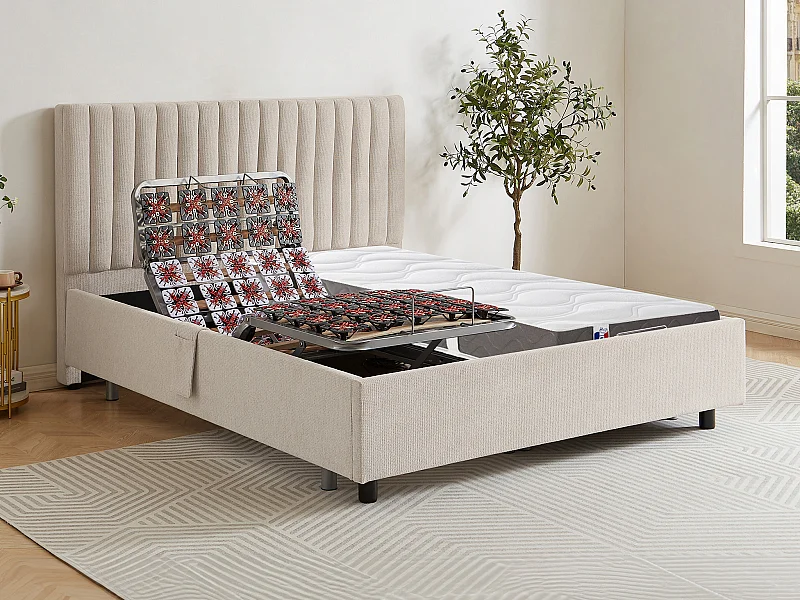 Elektrisch decoratief relaxbed met noppen + matras van 100% latex met 3 zones - 2 x 80 x 200 cm - Stof - Beige - TIARI van DREAMEA