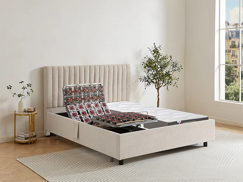 Lit électrique de relaxation déco tout plots + matelas 100% latex 3 zones - 2 x 90 x 200 cm - Tissu - Beige - TIARI de YSMÉE