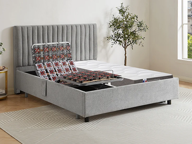 Lit électrique de relaxation déco tout plots + matelas 100% latex 3 zones - 2 x 70 x 190 cm - Tissu - Gris - TIARI de YSMÉE