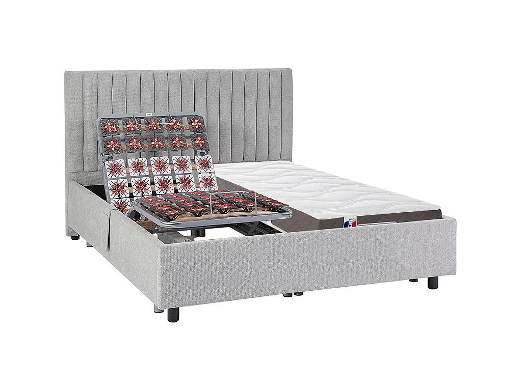 Dekoratives Bett mit elektrischer Relaxfunktion mit Tellern + 3-Zonen-Matratze aus 100 % Latex - 2 x 80 x 200 cm - Stoff - Grau - TIARI von YSMÉE