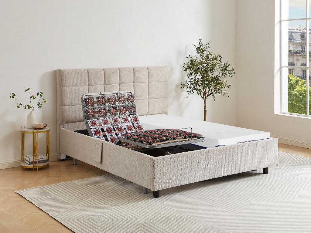 Lit électrique de relaxation déco tout plots + matelas mémoire de forme - 2 x 80 x 200 cm - Tissu - Beige - EREGA de DREAMEA