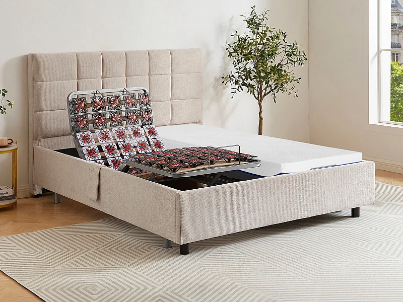 Lit électrique de relaxation déco tout plots + matelas mémoire de forme - 2 x 80 x 200 cm - Tissu - Beige - EREGA de YSMÉE