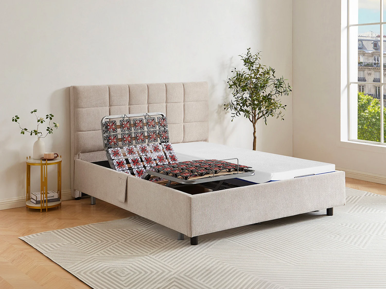Dekoratives Bett mit elektrischer Relaxfunktion mit Tellern + Memory-Schaum-Matratze - 2 x 80 x 200 cm - Stoff - Beige - EREGA von YSMÉE