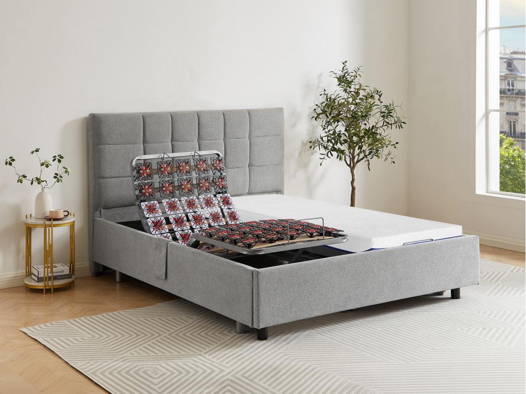 Lit électrique de relaxation déco tout plots + matelas mémoire de forme - 2 x 70 x 190 cm - Tissu - Gris - EREGA de DREAMEA