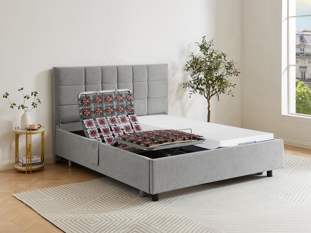 Lit électrique de relaxation déco tout plots + matelas mémoire de forme - 2 x 80 x 200 cm - Tissu - Gris - EREGA de DREAMEA