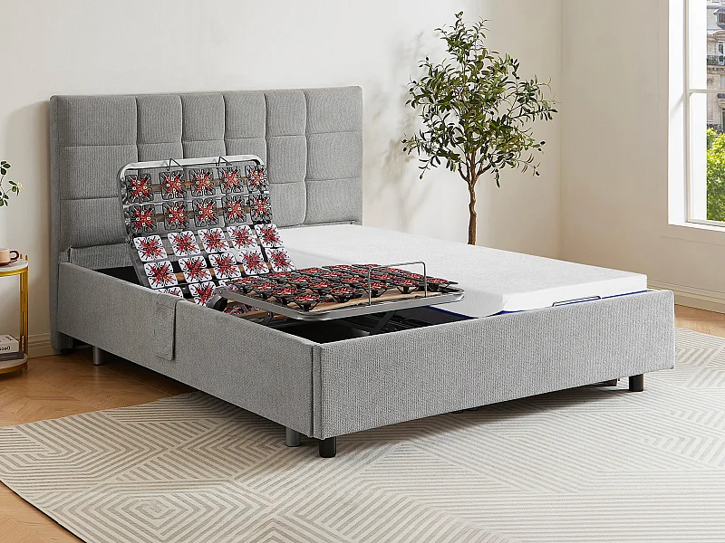 Lit électrique de relaxation déco tout plots + matelas mémoire de forme - 2 x 80 x 200 cm - Tissu - Gris - EREGA de YSMÉE
