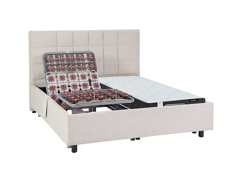 Dekoratives Bett mit elektrischer Relaxfunktion mit Tellern + Taschenfederkern- & Memory-Schaum-Matratze - 2 x 70 x 190 cm - Stoff - Beige - MANAM von YSMÉE