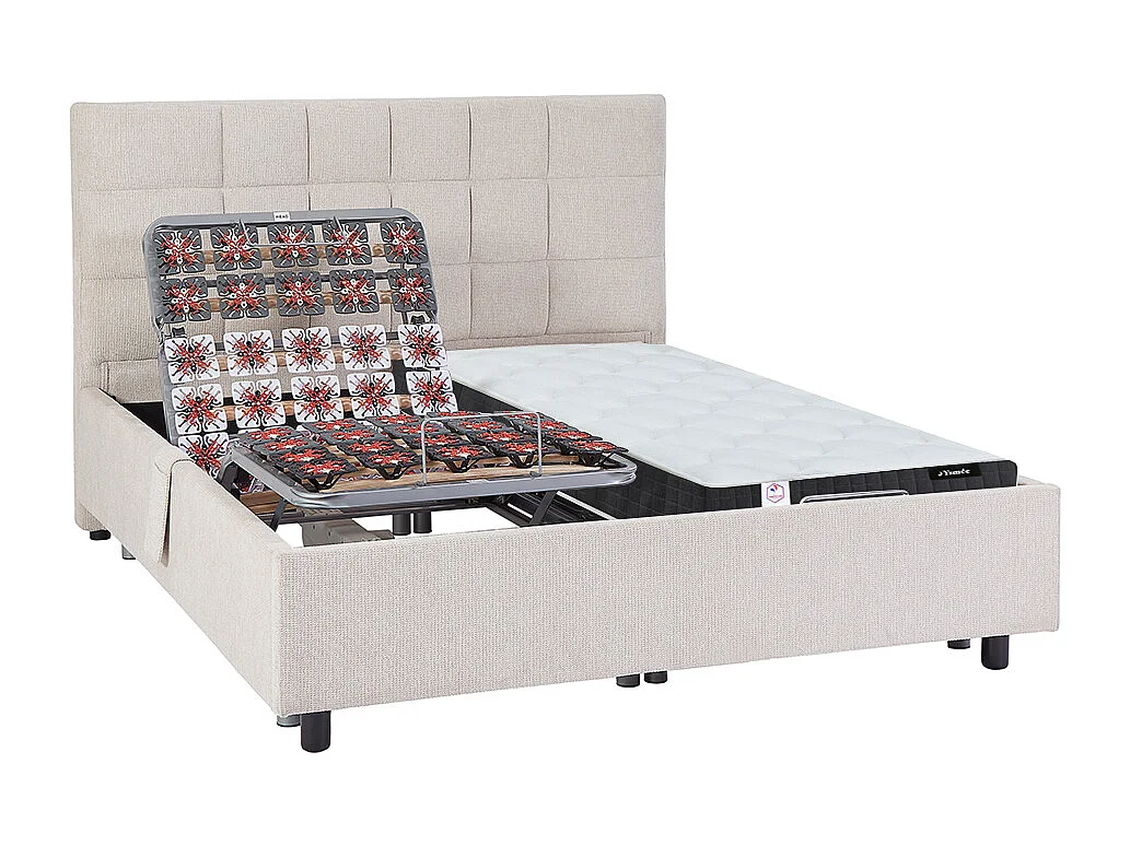 Cama articulada multiterminales + colchón de muelles ensacados y memoria de forma - 2 x 70 x 190 cm - Tela - Beige - MANAM de YSMÉE