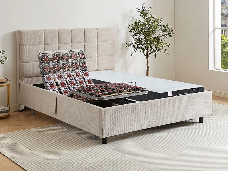 Dekoratives Bett mit elektrischer Relaxfunktion mit Tellern + Taschenfederkern- & Memory-Schaum-Matratze - 2 x 90 x 200 cm - Stoff - Beige - MANAM von YSMÉE