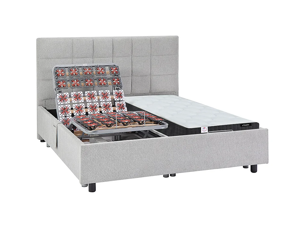 Lit électrique de relaxation déco tout plots + matelas ressorts ensachés et mémoire de forme - 2 x 80 x 200 cm - Tissu - Gris - MANAM de YSMÉE