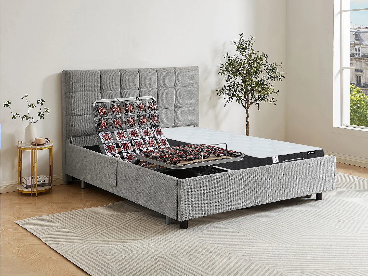 Dekoratives Bett mit elektrischer Relaxfunktion mit Tellern + Taschenfederkern- & Memory-Schaum-Matratze - 2 x 90 x 200 cm - Stoff - Grau - MANAM von YSMÉE