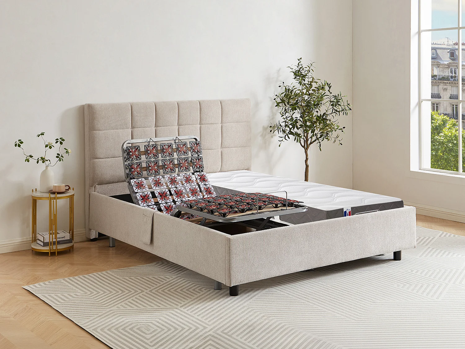 Letto relax elettrico solo sosp. + materasso 100% lattice 3 zone 2x70x190 Tessuto Beige - JOFAR di YSMÉE