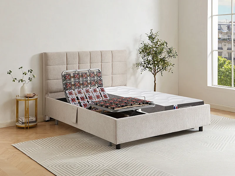 Lit électrique de relaxation déco tout plots + matelas 100% latex 3 zones - 2 x 80 x 200 cm - Tissu - Beige - JOFAR de YSMÉE