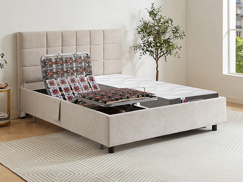 Dekoratives Bett mit elektrischer Relaxfunktion mit Tellern + 3-Zonen-Matratze aus 100 % Latex - 2 x 90 x 200 cm - Stoff - Beige - JOFAR von YSMÉE
