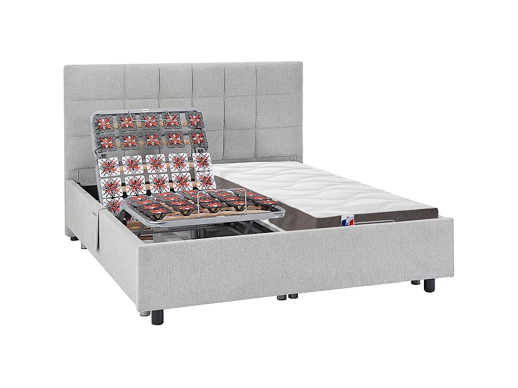 Elektrisch decoratief relaxbed met noppen + matras van 100% latex met 3 zones - 2 x 80 x 200 cm - Stof - Grijs - JOFAR van DREAMEA