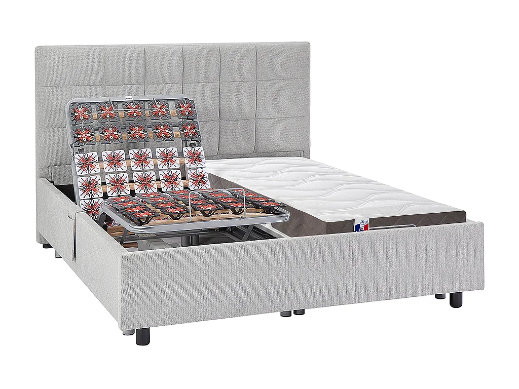 Elektrisch decoratief relaxbed met noppen + matras van 100% latex met 3 zones - 2 x 80 x 200 cm - Stof - Grijs - JOFAR van DREAMEA