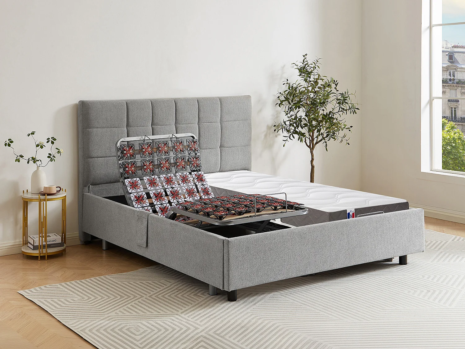 Lit électrique de relaxation déco tout plots + matelas 100% latex 3 zones - 2 x 90 x 200 cm - Tissu - Gris - JOFAR de YSMÉE