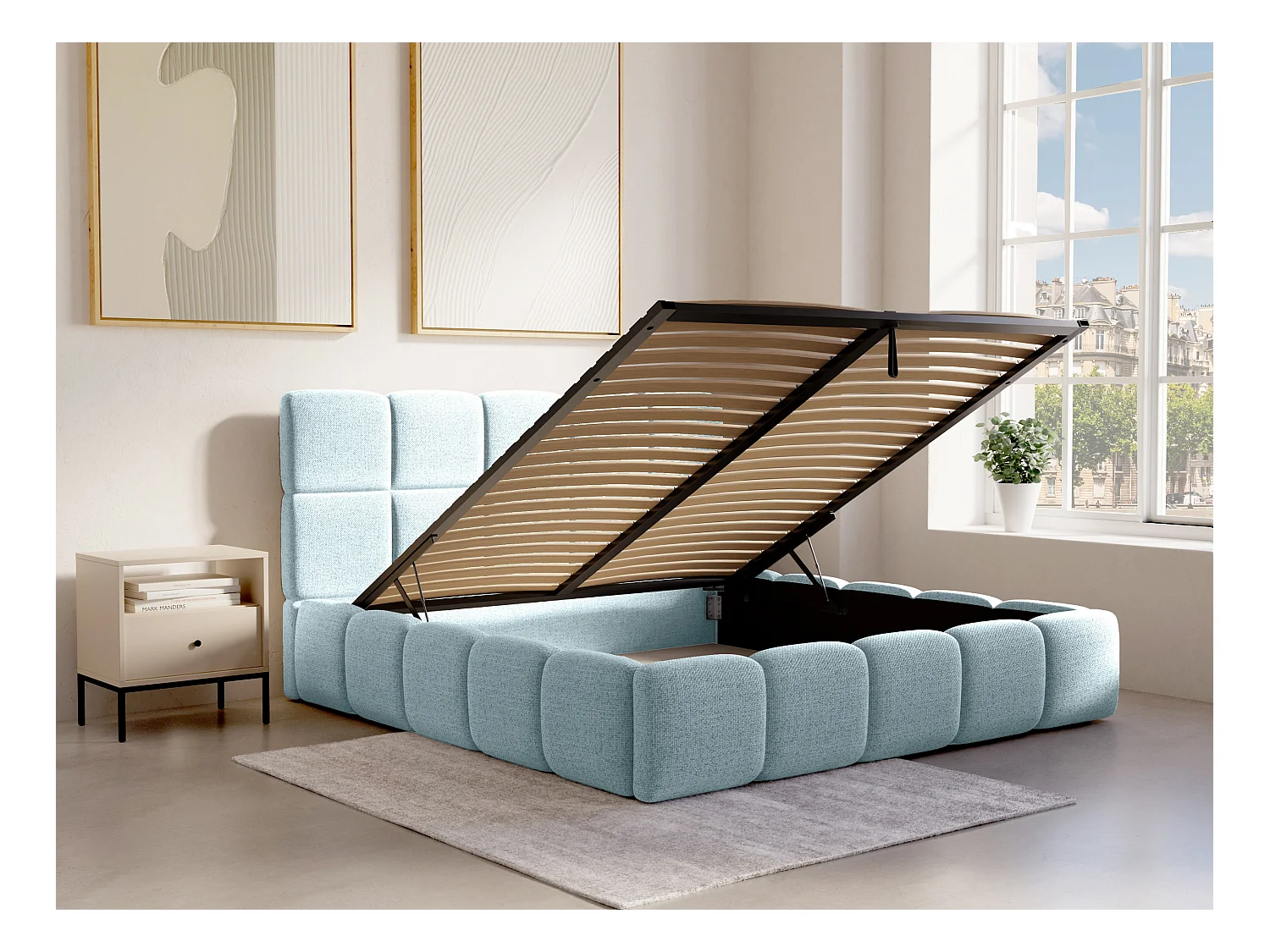 Bett mit Bettkasten - 200 x 200 cm - Strukturstoff - Hellblau + Matratze- DAMADO von Pascal Morabito